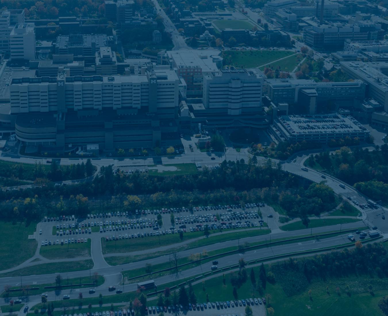 Aerial of U-M medical complex tinted blue